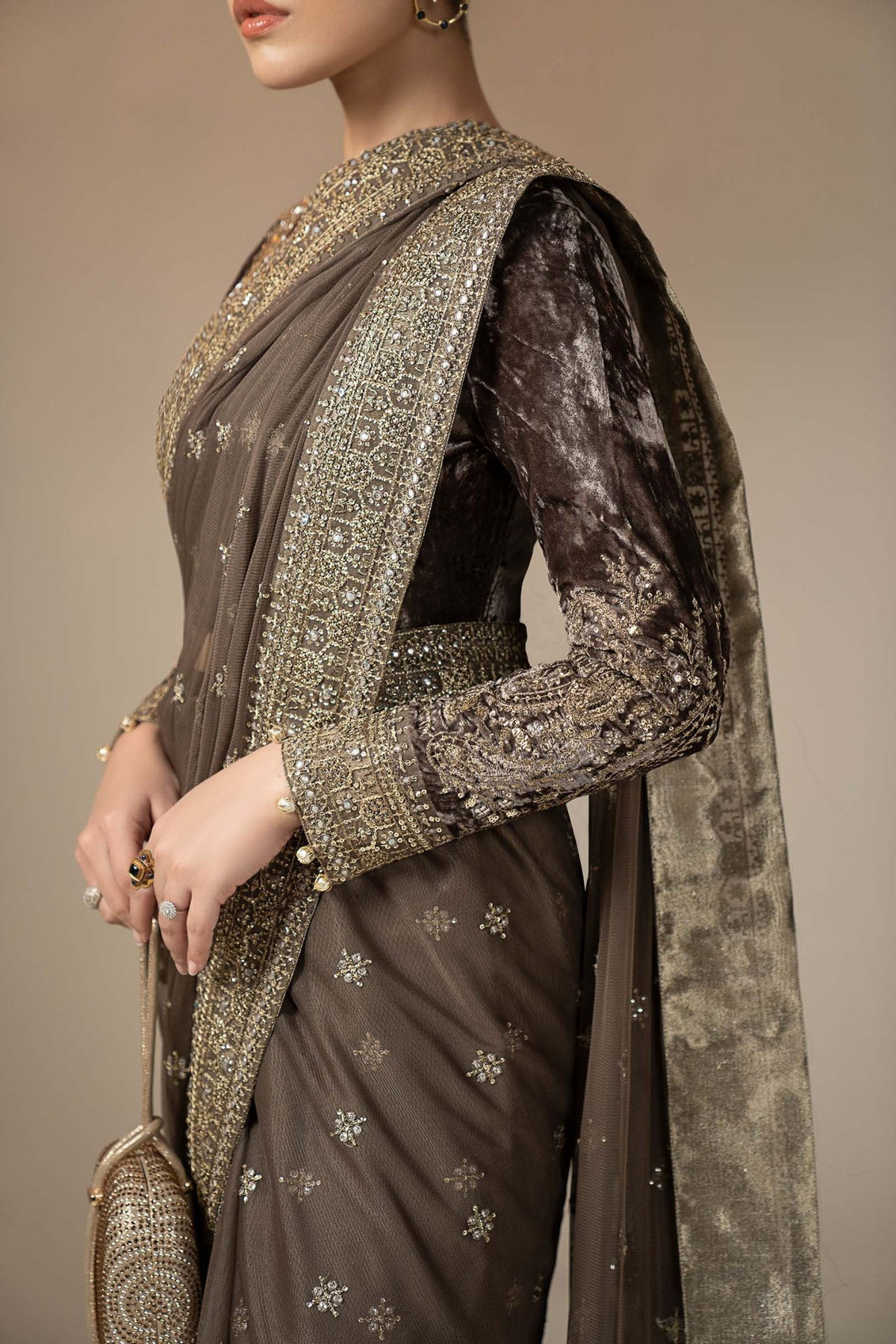 Maria B | RTW | Embroidered Net Saree-Brand:Maria B-Type:Luxury Formals-Grey - House of Maryam- Buy in UK, USA