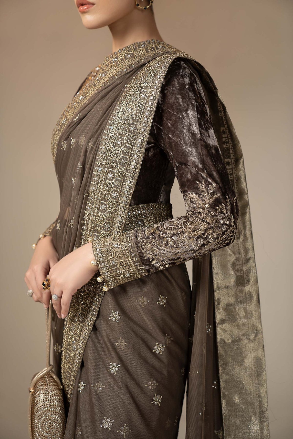 Maria B | RTW | Embroidered Net Saree-Brand:Maria B-Type:Luxury Formals-Grey - House of Maryam- Buy in UK, USA