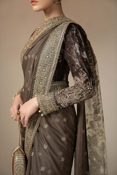 Maria B | RTW | Embroidered Net Saree-Brand:Maria B-Type:Luxury Formals-Grey - House of Maryam- Buy in UK, USA