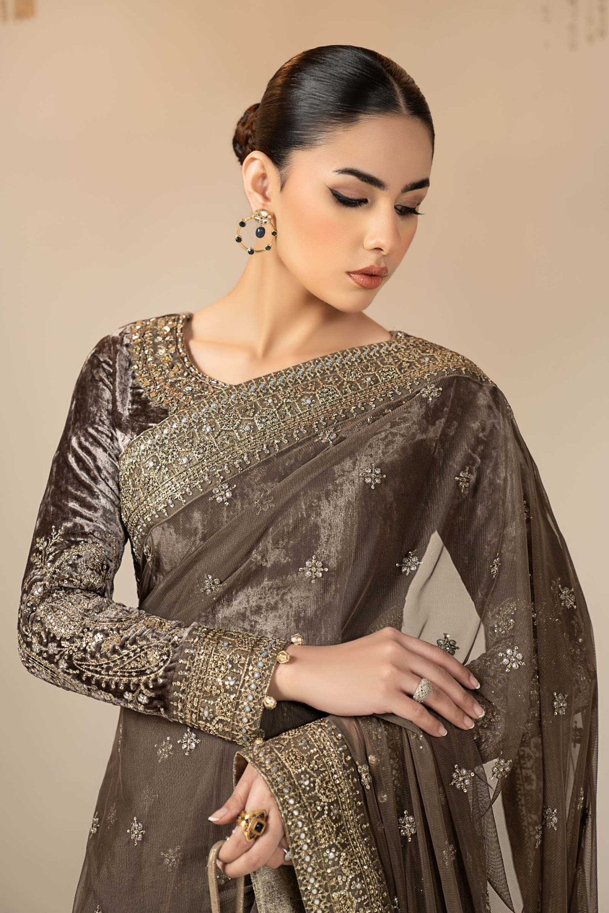 Maria B | RTW | Embroidered Net Saree-Brand:Maria B-Type:Luxury Formals-Grey - House of Maryam- Buy in UK, USA