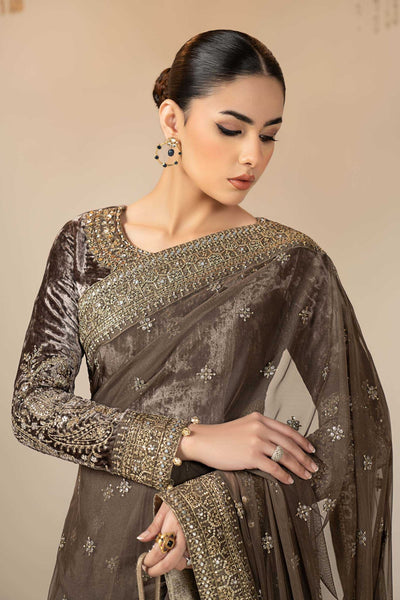 Maria B | RTW | Embroidered Net Saree-Brand:Maria B-Type:Luxury Formals-Grey - House of Maryam- Buy in UK, USA