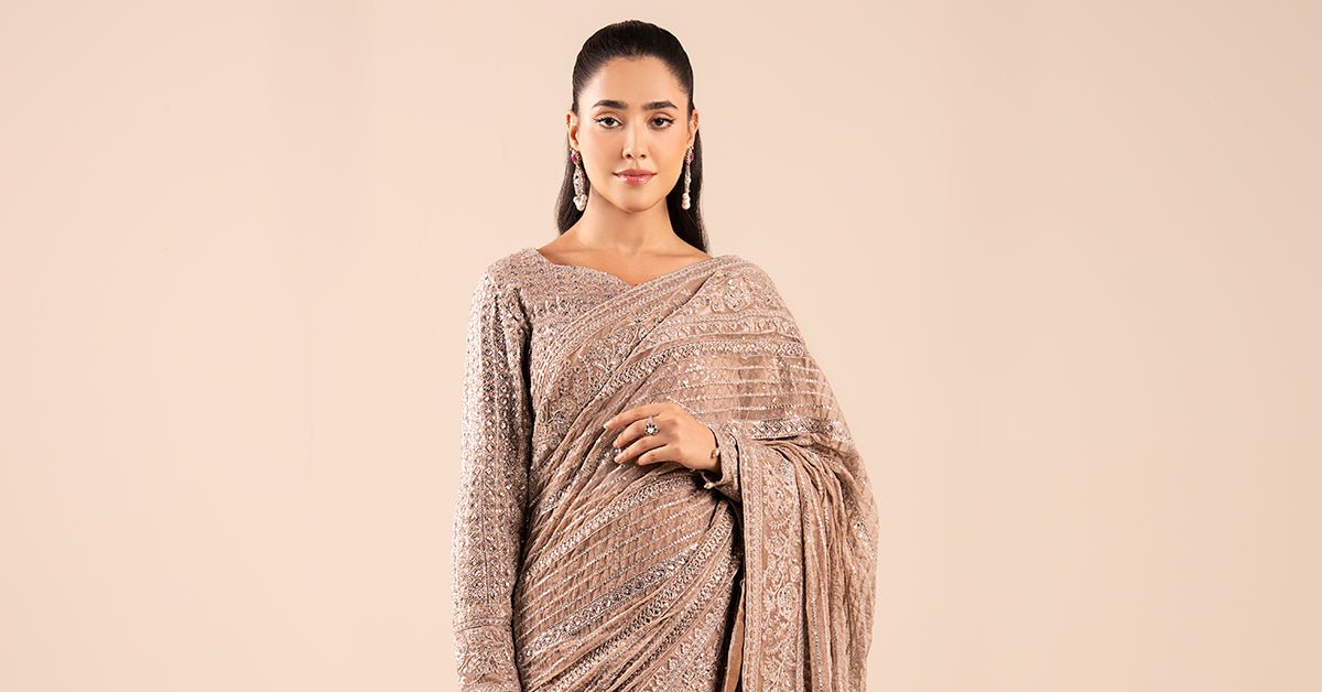 Maria B | RTW | Embroidered Net Saree-Brand:Maria B-Type:Luxury Formals-Grey - House of Maryam- Buy in UK, USA
