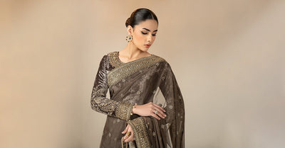 Maria B | RTW | Embroidered Net Saree-Brand:Maria B-Type:Luxury Formals-Grey - House of Maryam- Buy in UK, USA
