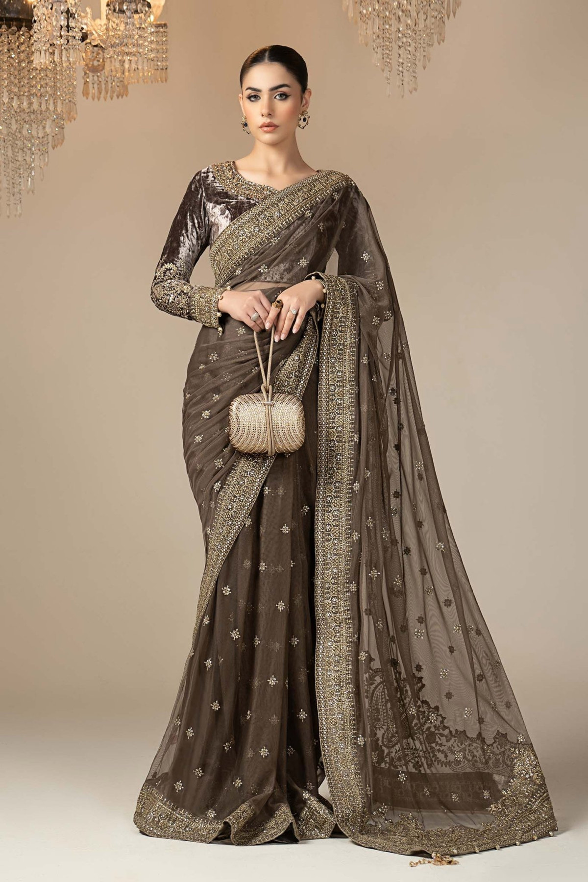 Maria B | RTW | Embroidered Net Saree-Brand:Maria B-Type:Luxury Formals-Grey - House of Maryam- Buy in UK, USA