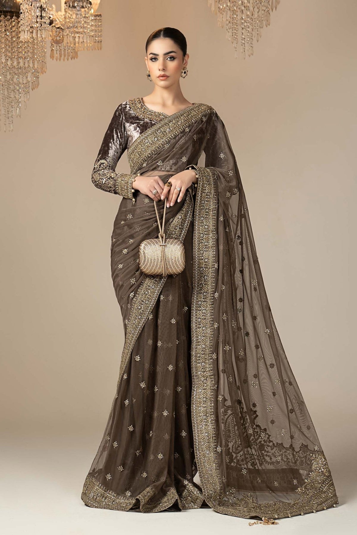 Maria B | RTW | Embroidered Net Saree-Brand:Maria B-Type:Luxury Formals-Grey - House of Maryam- Buy in UK, USA