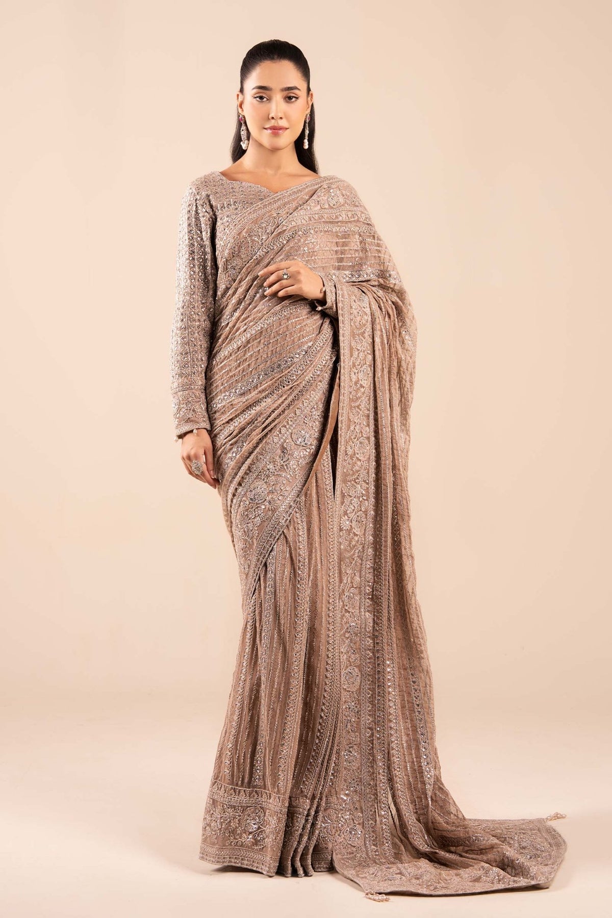 Maria B | RTW | Embroidered Net Saree-Brand:Maria B-Type:Luxury Formals-Grey - House of Maryam- Buy in UK, USA
