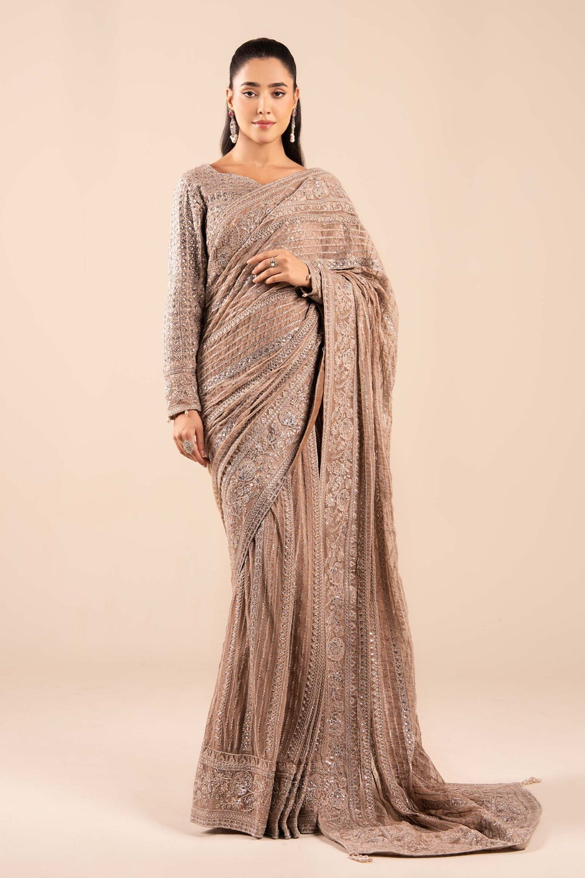 Maria B | RTW | Embroidered Net Saree-Brand:Maria B-Type:Luxury Formals-Grey - House of Maryam- Buy in UK, USA