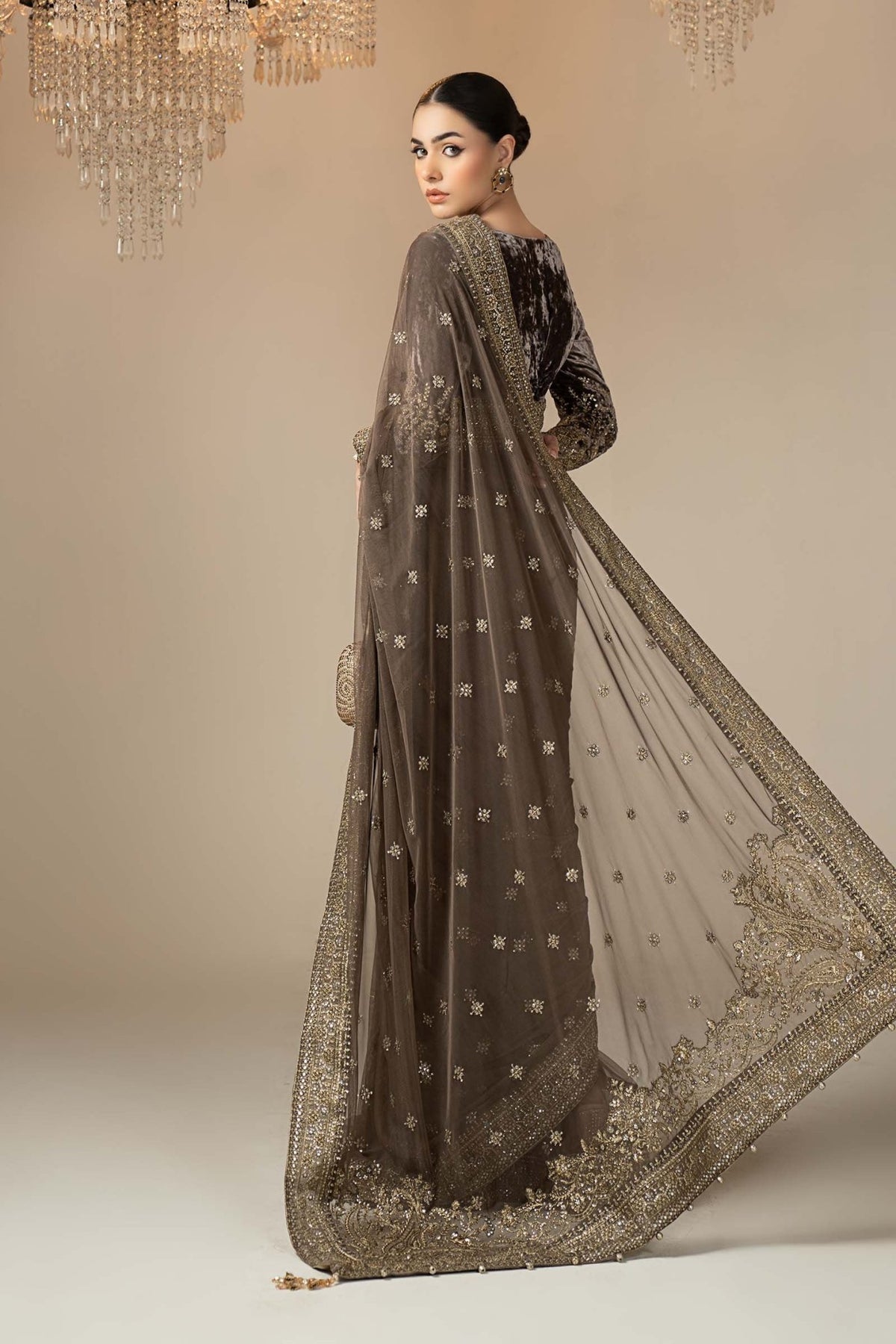 Maria B | RTW | Embroidered Net Saree-Brand:Maria B-Type:Luxury Formals-Grey - House of Maryam- Buy in UK, USA
