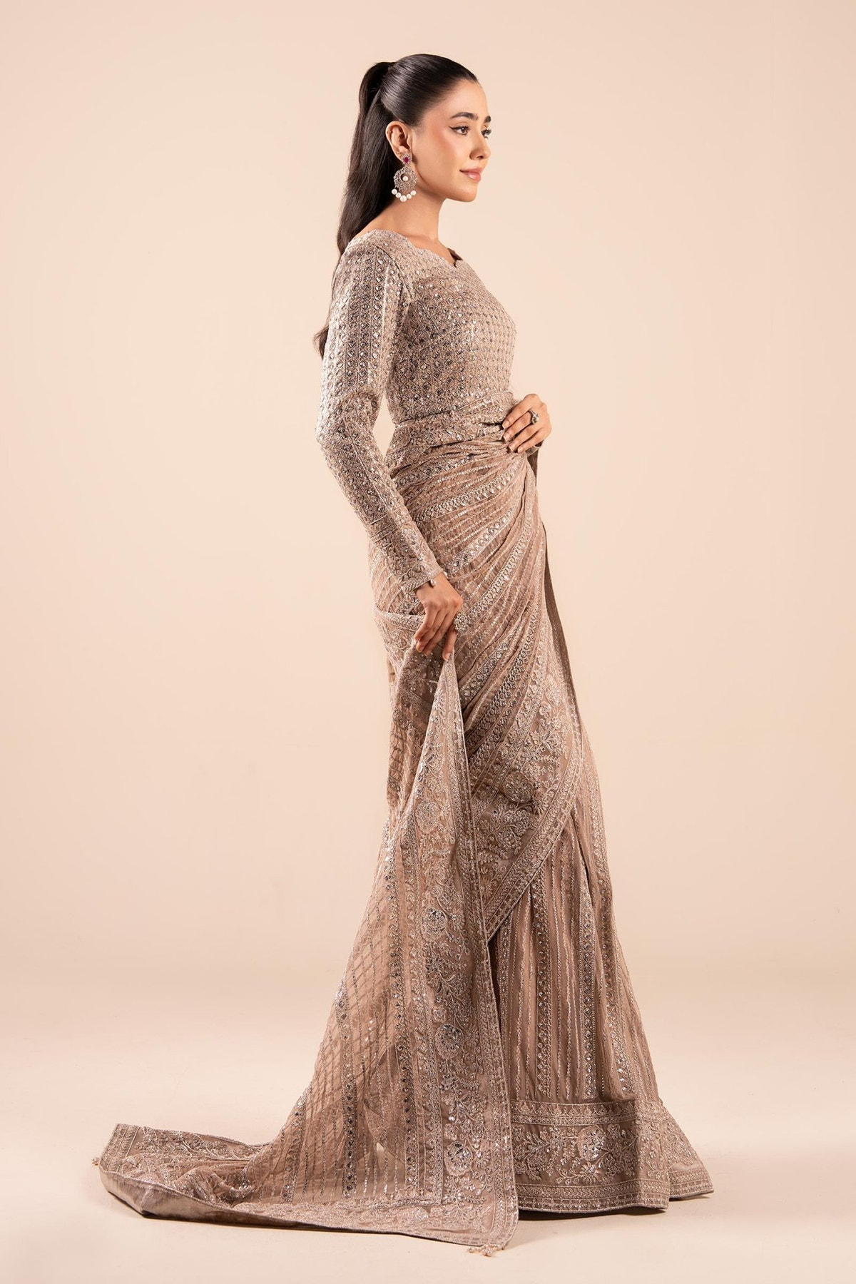 Maria B | RTW | Embroidered Net Saree-Brand:Maria B-Type:Luxury Formals-Grey - House of Maryam- Buy in UK, USA
