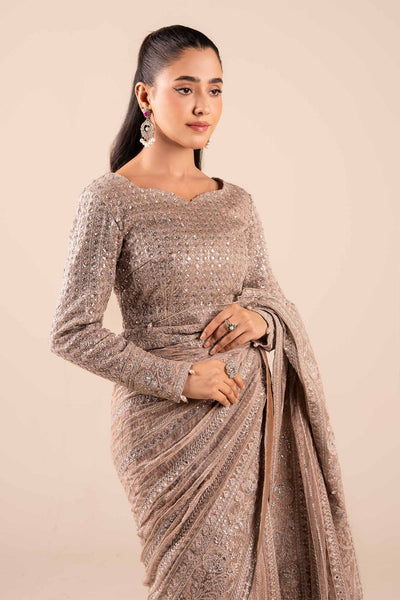 Maria B | RTW | Embroidered Net Saree-Brand:Maria B-Type:Luxury Formals-Grey - House of Maryam- Buy in UK, USA