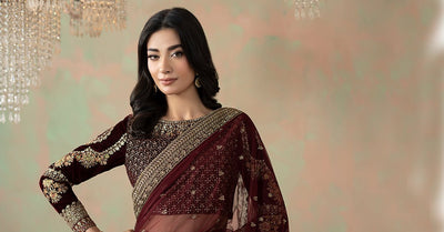 Maria B | RTW | Embroidered Net Saree-Brand:Maria B-Type:Luxury Formals-Maroon - House of Maryam- Buy in UK, USA