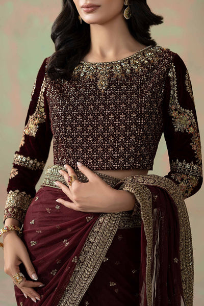 Maria B | RTW | Embroidered Net Saree-Brand:Maria B-Type:Luxury Formals-Maroon - House of Maryam- Buy in UK, USA
