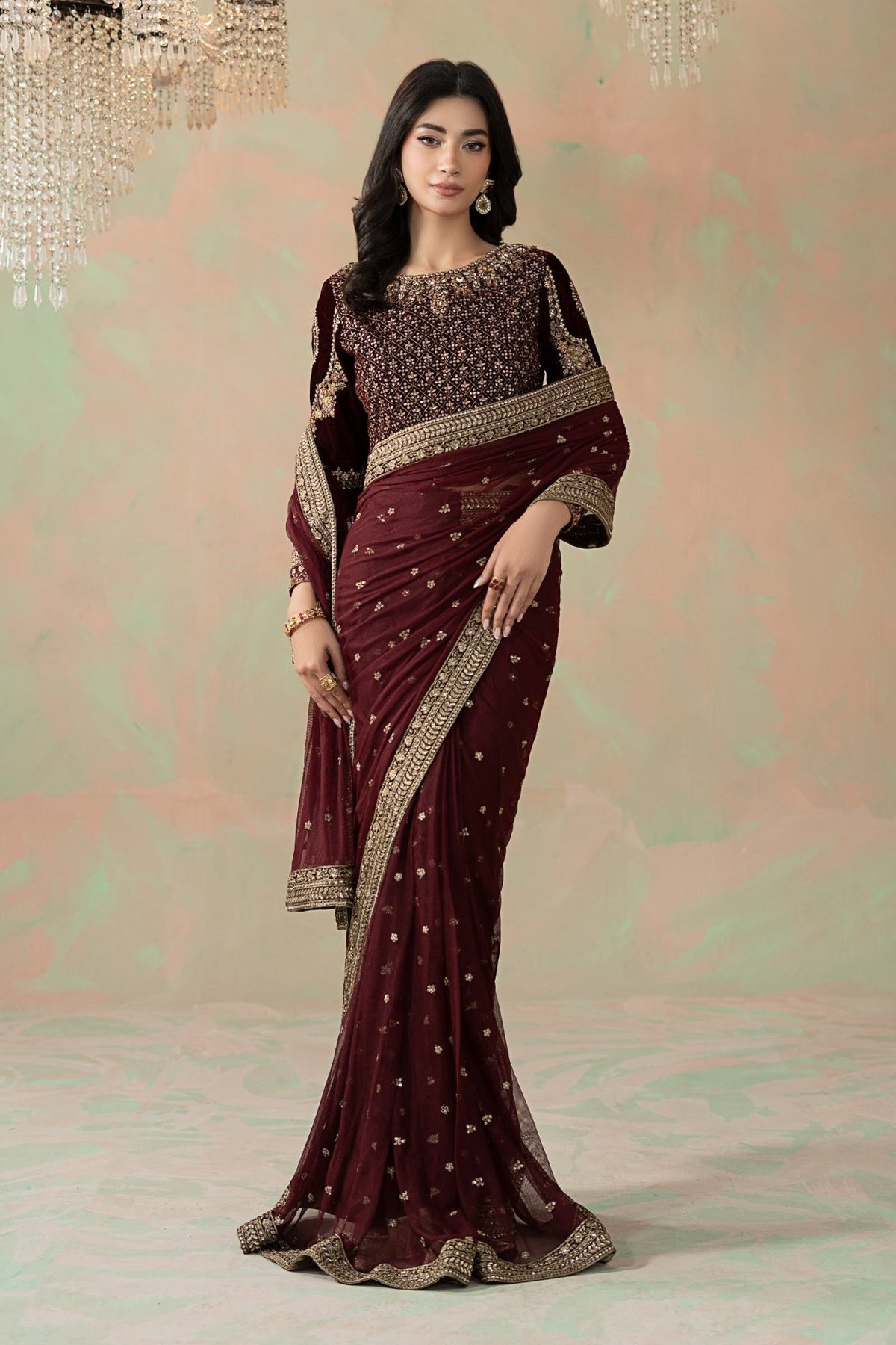 Maria B | RTW | Embroidered Net Saree-Brand:Maria B-Type:Luxury Formals-Maroon - House of Maryam- Buy in UK, USA