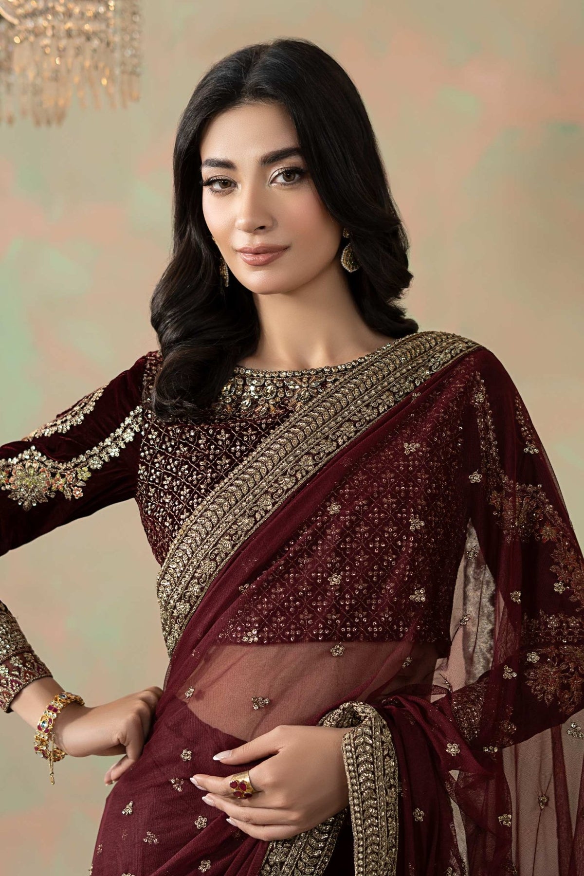 Maria B | RTW | Embroidered Net Saree-Brand:Maria B-Type:Luxury Formals-Maroon - House of Maryam- Buy in UK, USA