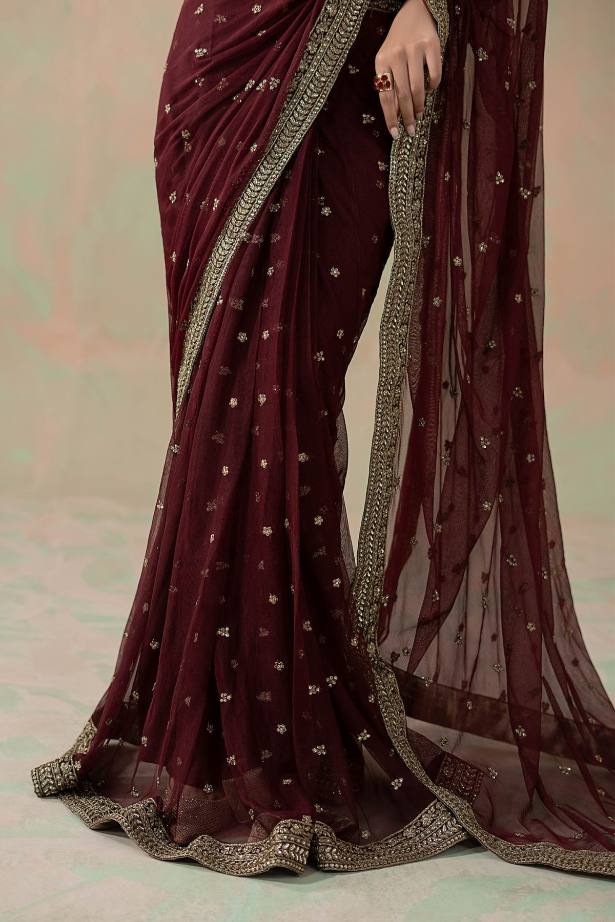 Maria B | RTW | Embroidered Net Saree-Brand:Maria B-Type:Luxury Formals-Maroon - House of Maryam- Buy in UK, USA
