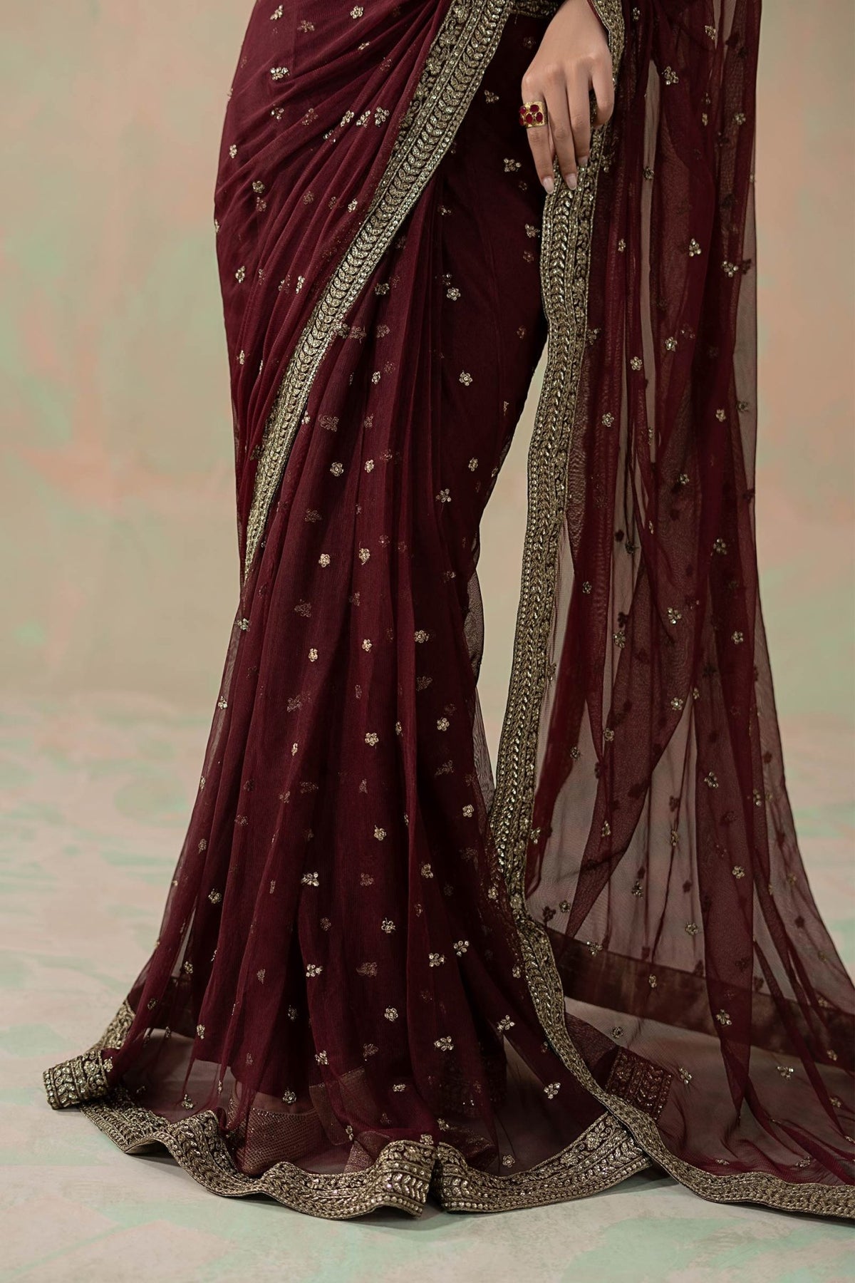 Maria B | RTW | Embroidered Net Saree-Brand:Maria B-Type:Luxury Formals-Maroon - House of Maryam- Buy in UK, USA