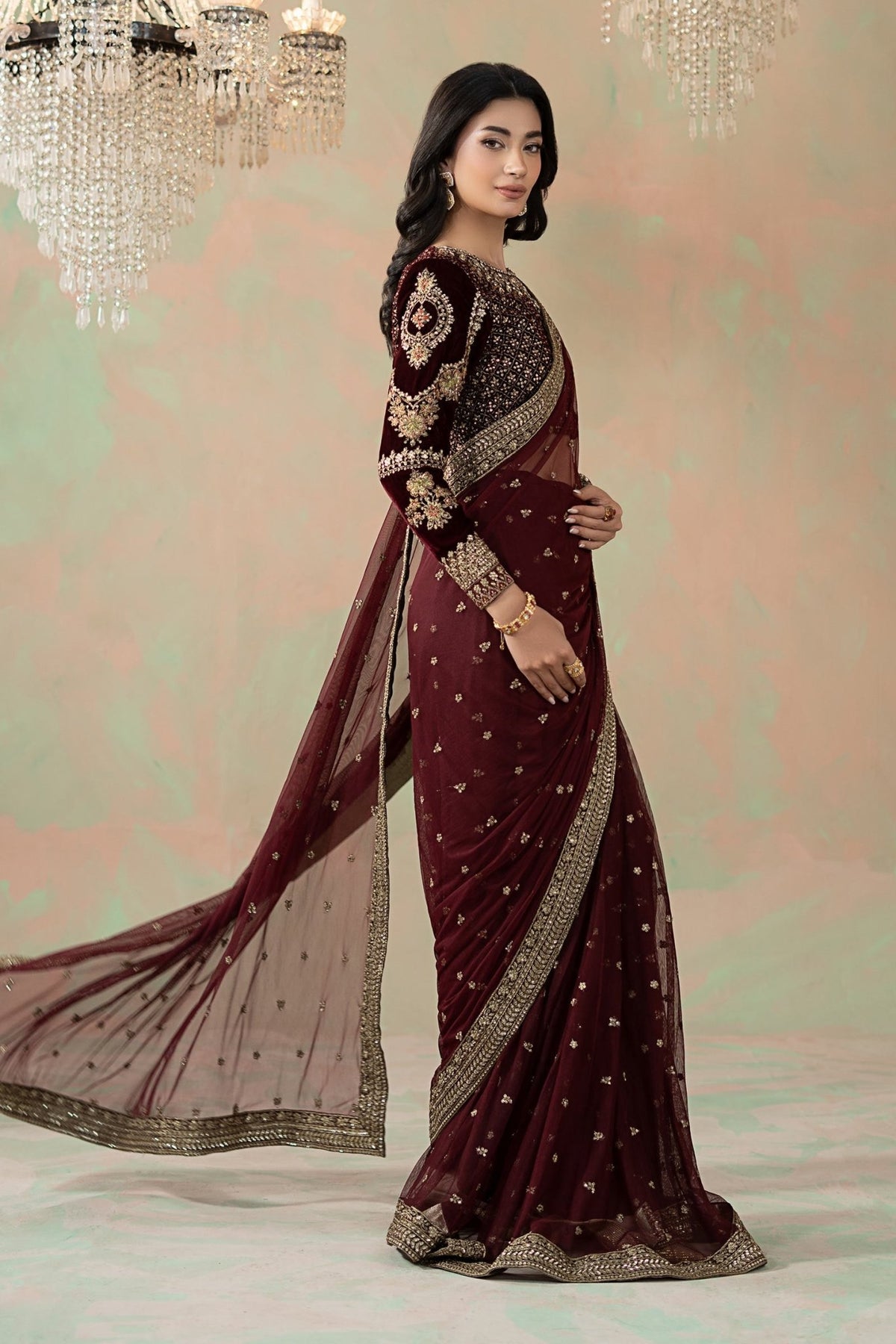 Maria B | RTW | Embroidered Net Saree-Brand:Maria B-Type:Luxury Formals-Maroon - House of Maryam- Buy in UK, USA
