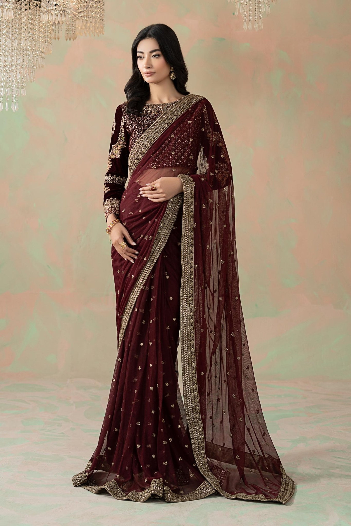 Maria B | RTW | Embroidered Net Saree-Brand:Maria B-Type:Luxury Formals-Maroon - House of Maryam- Buy in UK, USA