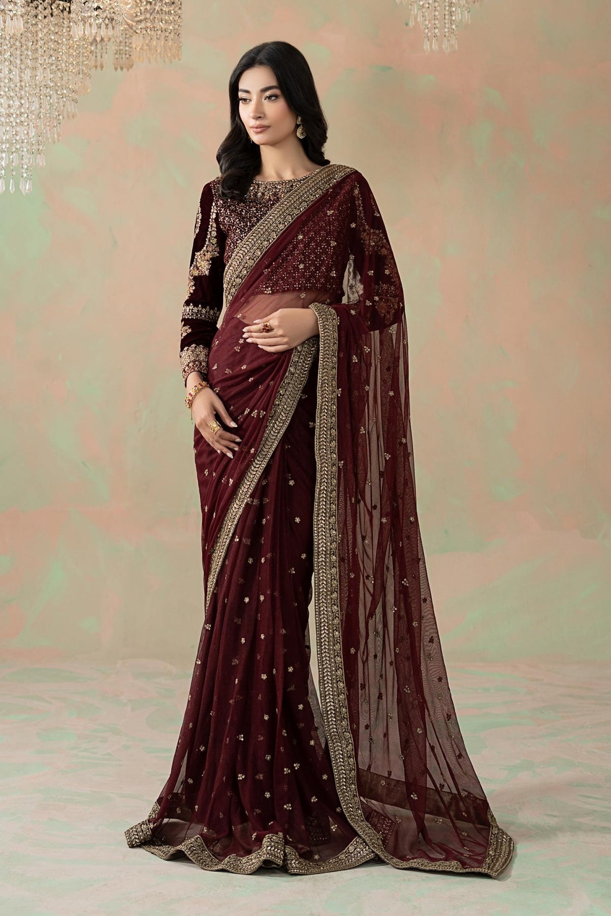 Maria B | RTW | Embroidered Net Saree-Brand:Maria B-Type:Luxury Formals-Maroon - House of Maryam- Buy in UK, USA