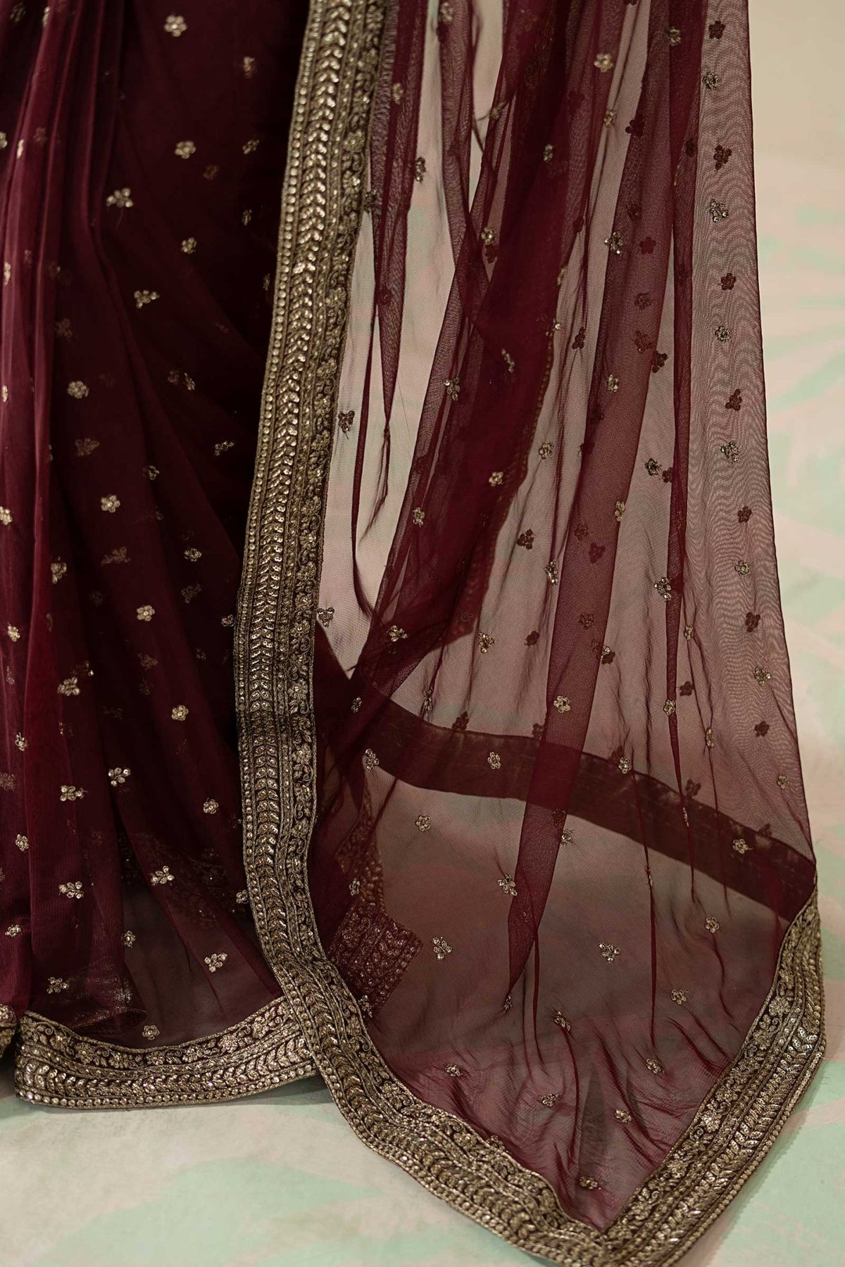 Maria B | RTW | Embroidered Net Saree-Brand:Maria B-Type:Luxury Formals-Maroon - House of Maryam- Buy in UK, USA