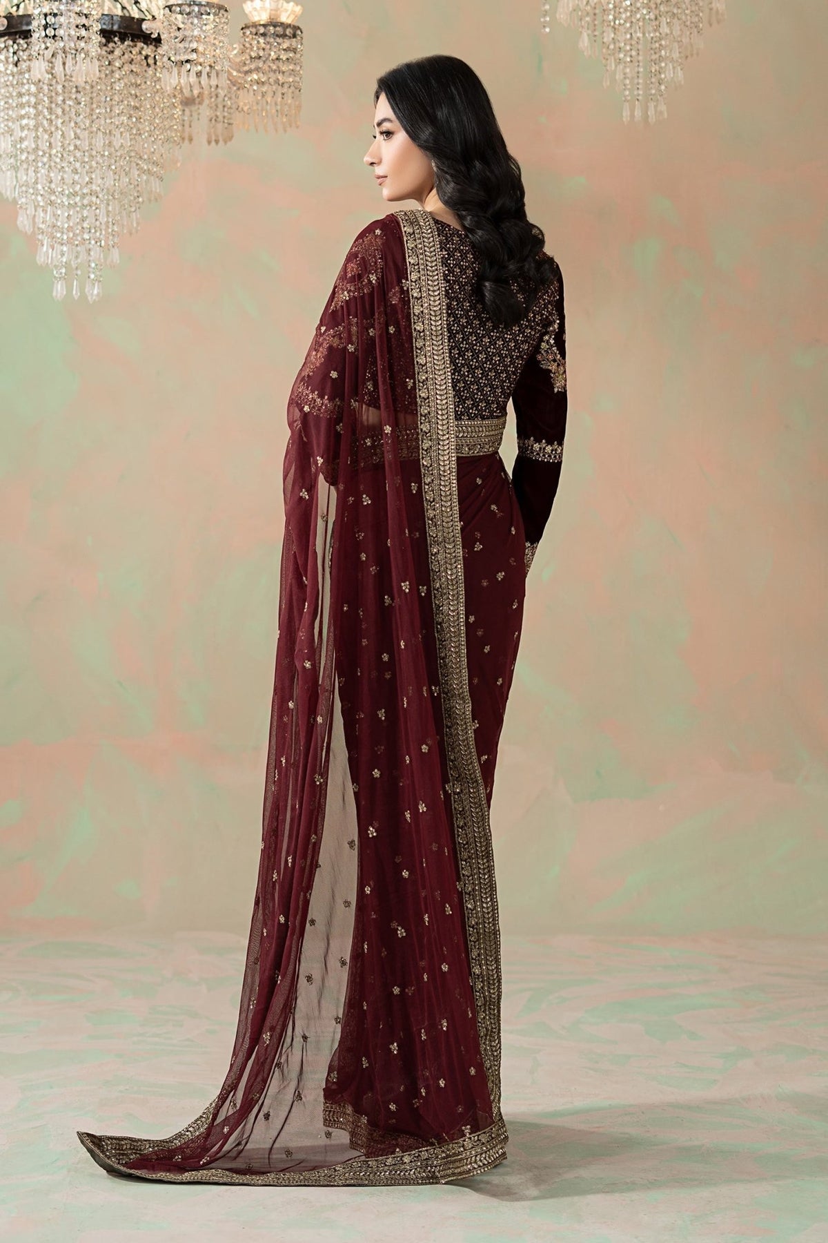 Maria B | RTW | Embroidered Net Saree-Brand:Maria B-Type:Luxury Formals-Maroon - House of Maryam- Buy in UK, USA