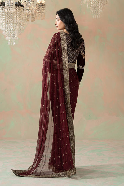 Maria B | RTW | Embroidered Net Saree-Brand:Maria B-Type:Luxury Formals-Maroon - House of Maryam- Buy in UK, USA