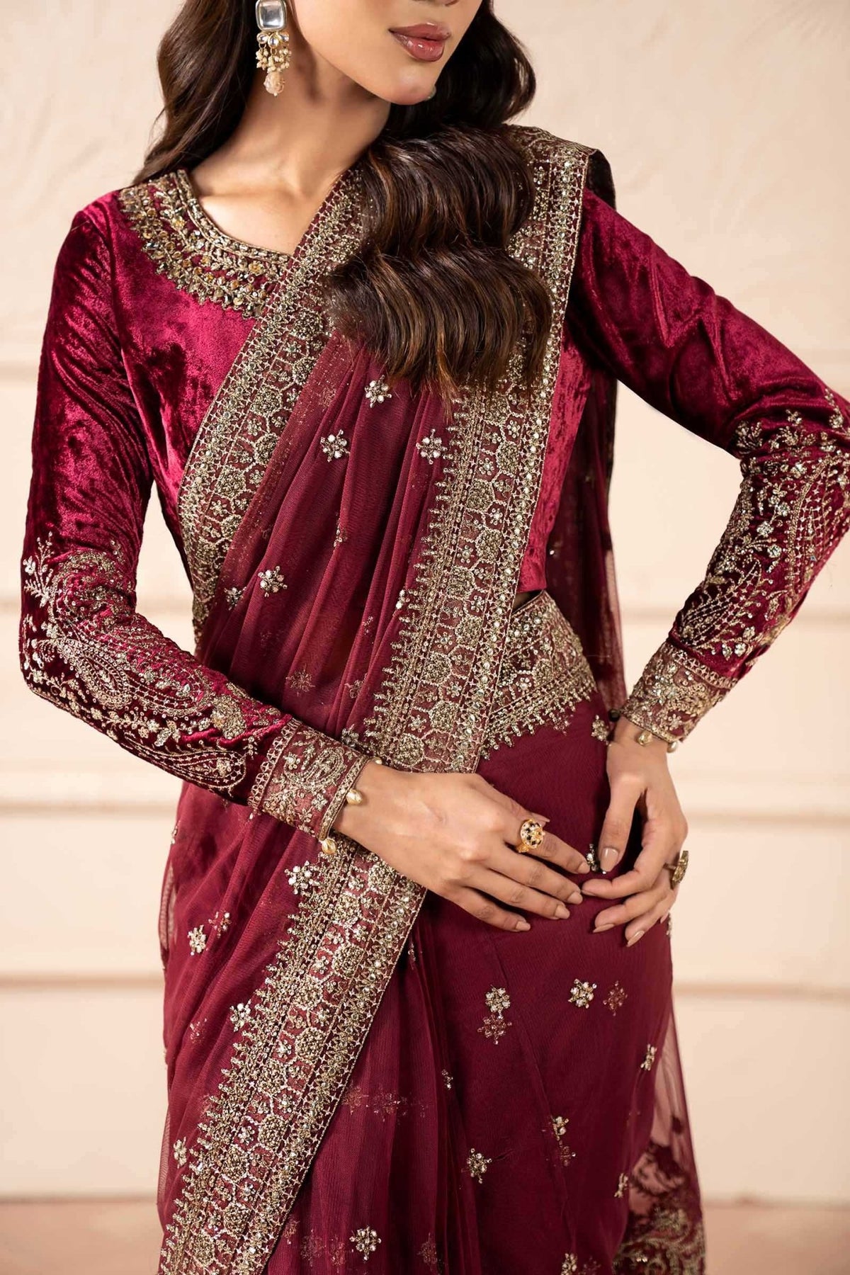Maria B | RTW | Embroidered Net Saree-Brand:Maria B-Type:Luxury Formals-Pink - House of Maryam- Buy in UK, USA