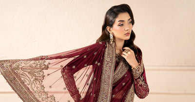 Maria B | RTW | Embroidered Net Saree-Brand:Maria B-Type:Luxury Formals-Pink - House of Maryam- Buy in UK, USA