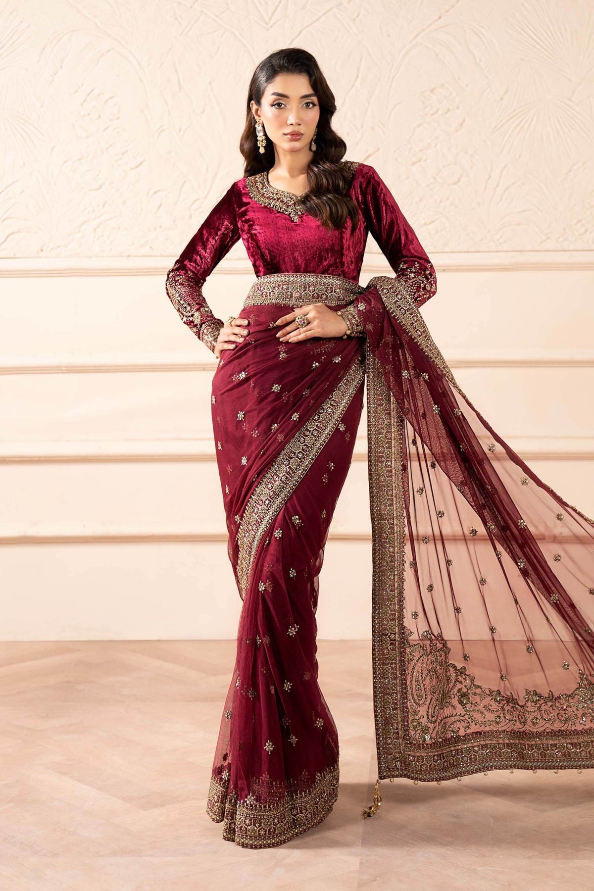 Maria B | RTW | Embroidered Net Saree-Brand:Maria B-Type:Luxury Formals-Pink - House of Maryam- Buy in UK, USA