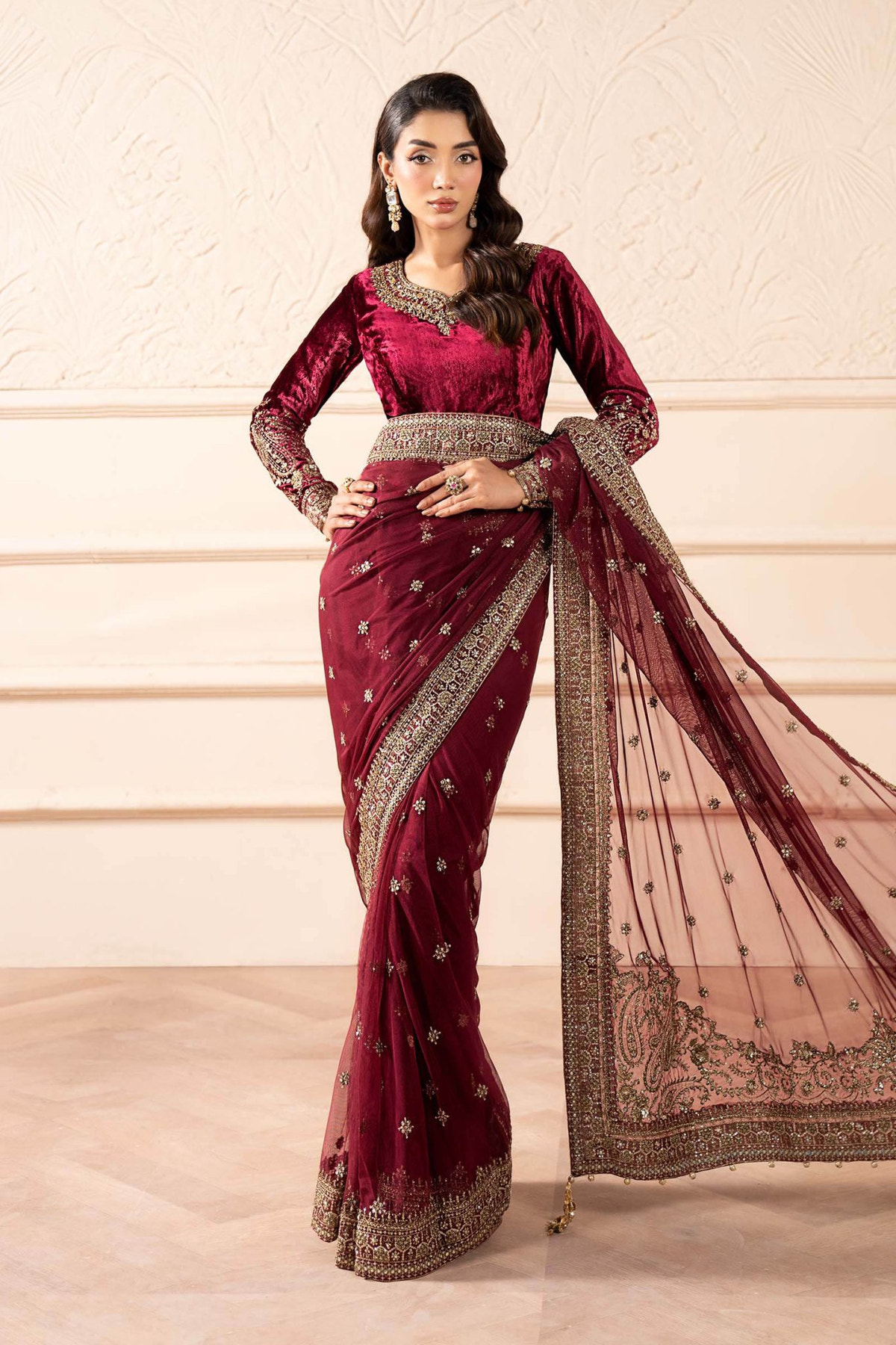 Maria B | RTW | Embroidered Net Saree-Brand:Maria B-Type:Luxury Formals-Pink - House of Maryam- Buy in UK, USA