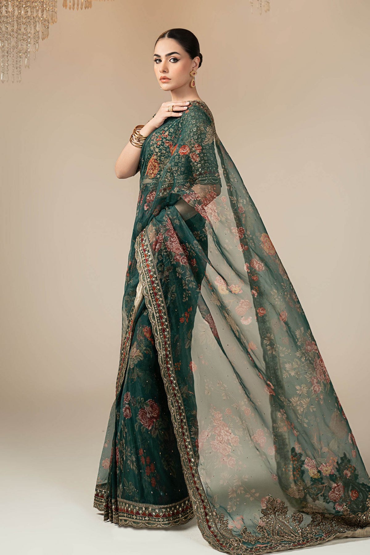 Maria B | RTW | Embroidered Organza Saree-Brand:Maria B-Type:Luxury Formals-Green - House of Maryam- Buy in UK, USA