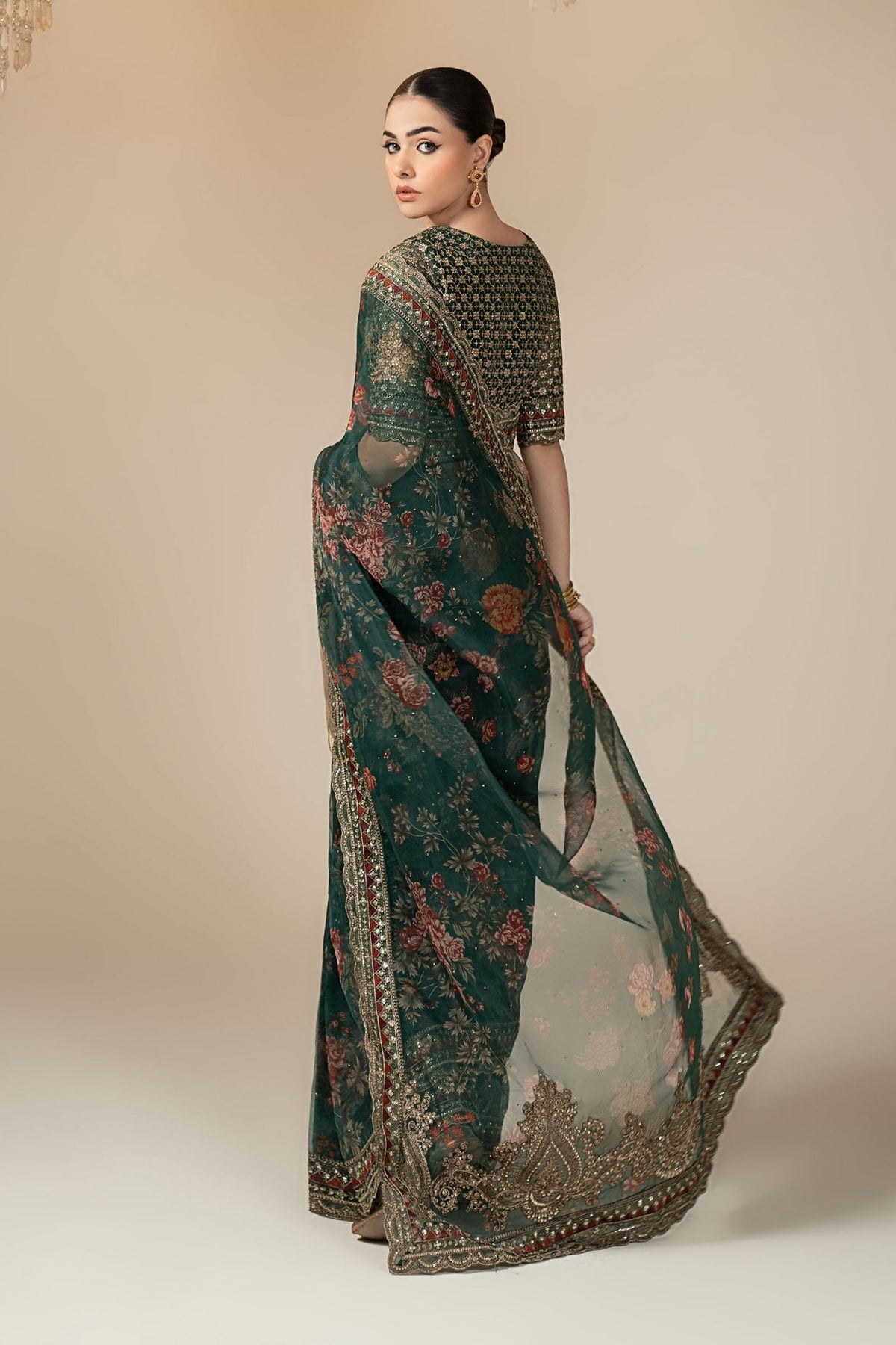Maria B | RTW | Embroidered Organza Saree-Brand:Maria B-Type:Luxury Formals-Green - House of Maryam- Buy in UK, USA