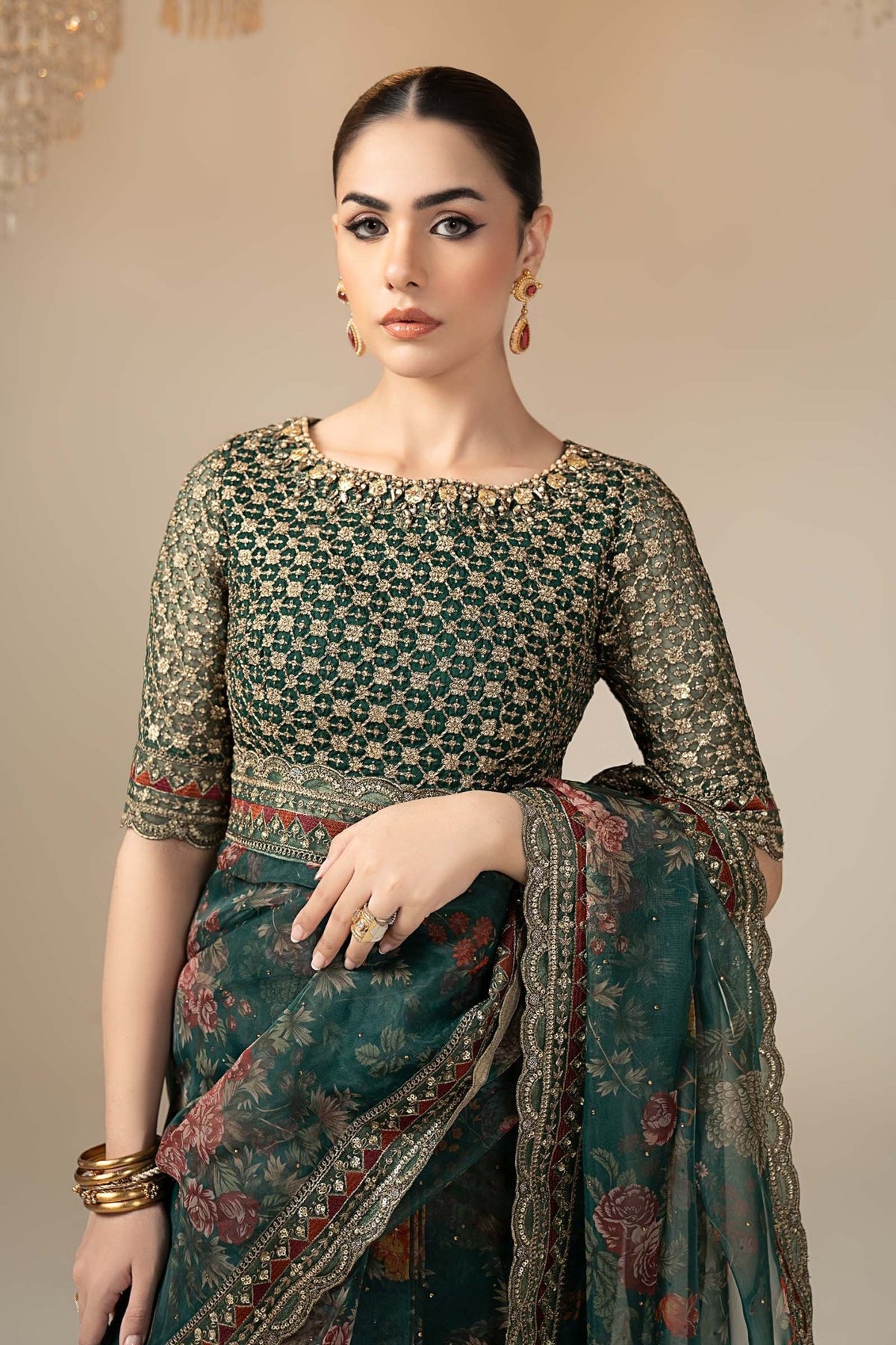 Maria B | RTW | Embroidered Organza Saree-Brand:Maria B-Type:Luxury Formals-Green - House of Maryam- Buy in UK, USA
