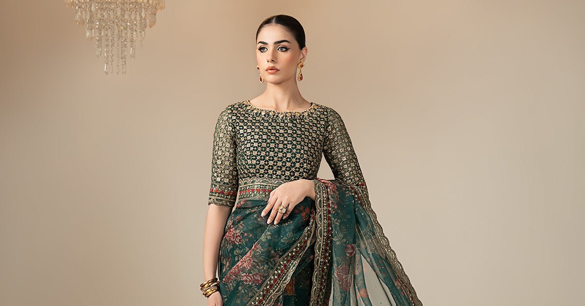 Maria B | RTW | Embroidered Organza Saree-Brand:Maria B-Type:Luxury Formals-Green - House of Maryam- Buy in UK, USA