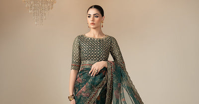 Maria B | RTW | Embroidered Organza Saree-Brand:Maria B-Type:Luxury Formals-Green - House of Maryam- Buy in UK, USA