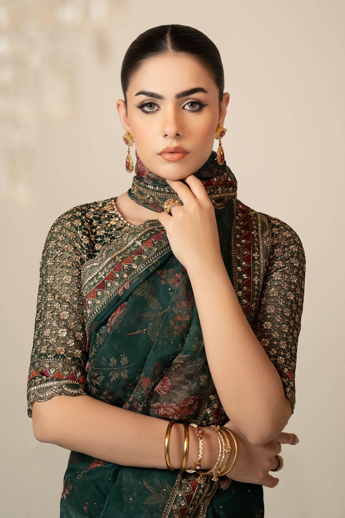 Maria B | RTW | Embroidered Organza Saree-Brand:Maria B-Type:Luxury Formals-Green - House of Maryam- Buy in UK, USA