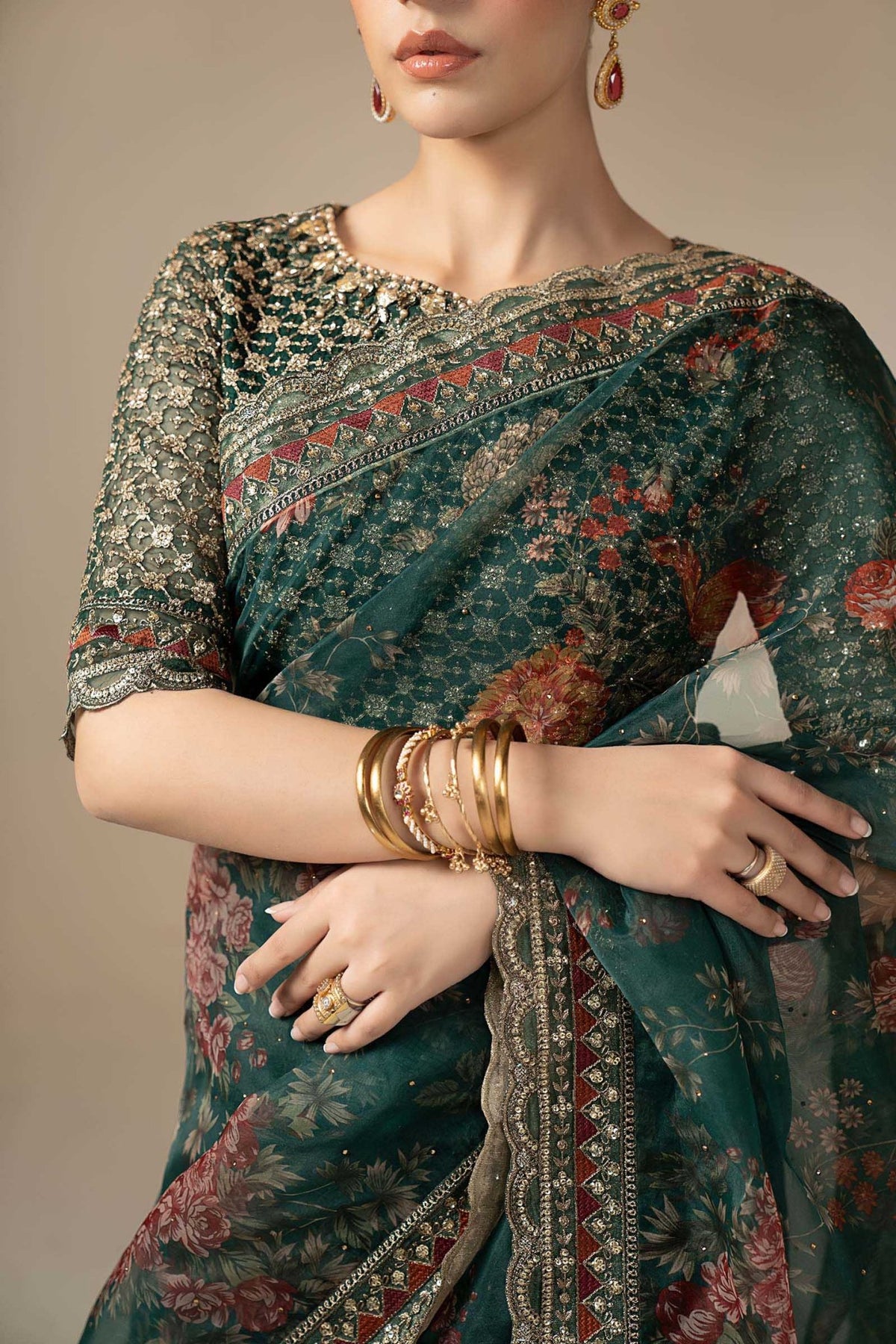 Maria B | RTW | Embroidered Organza Saree-Brand:Maria B-Type:Luxury Formals-Green - House of Maryam- Buy in UK, USA