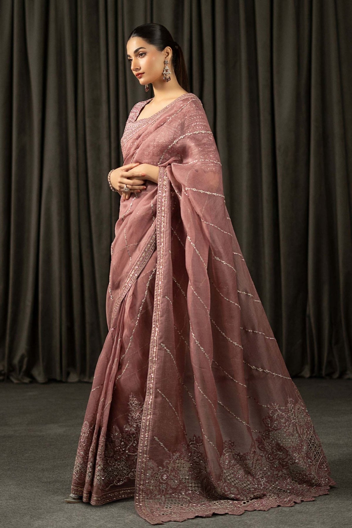 Maria B | RTW | Embroidered Organza Saree-Brand:Maria B-Type:Luxury Formals-Pink - House of Maryam- Buy in UK, USA