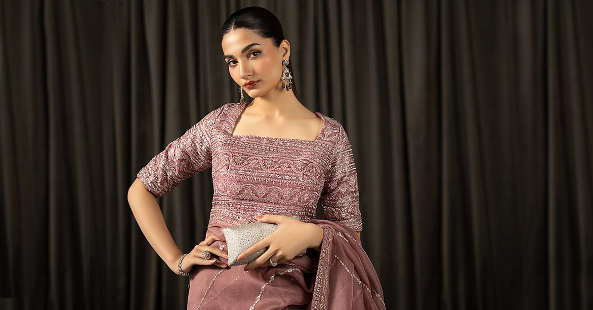 Maria B | RTW | Embroidered Organza Saree-Brand:Maria B-Type:Luxury Formals-Pink - House of Maryam- Buy in UK, USA