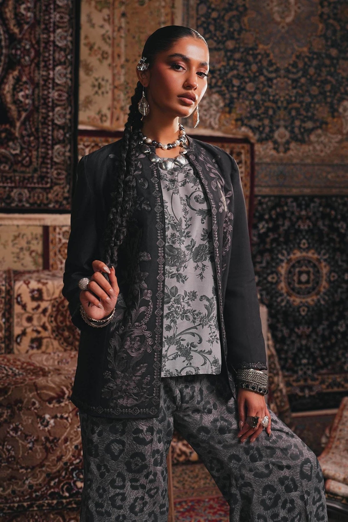 Maria B | RTW | Embroidered Pk Raw Silk Jacket Set-Brand:Maria B-Type:Luxury Pret-Grey - House of Maryam- Buy in UK, USA