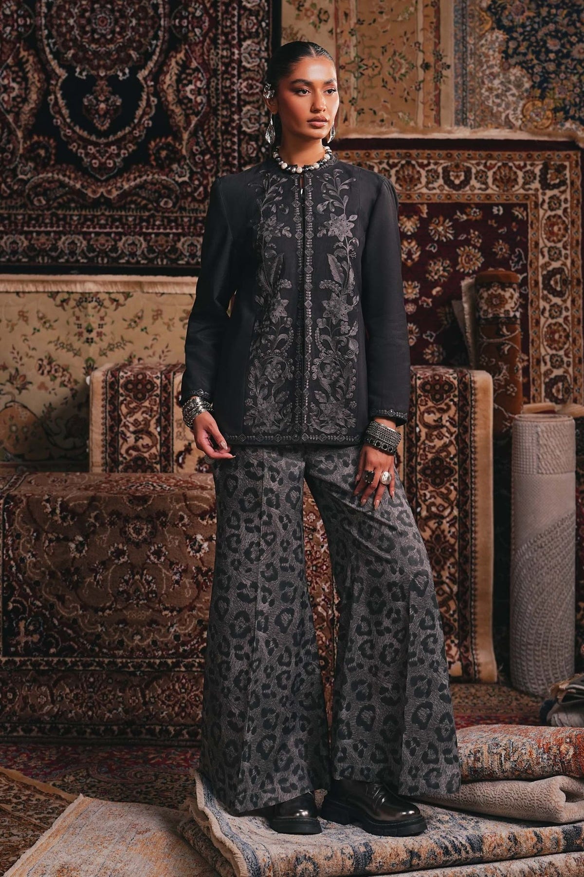 Maria B | RTW | Embroidered Pk Raw Silk Jacket Set-Brand:Maria B-Type:Luxury Pret-Grey - House of Maryam- Buy in UK, USA