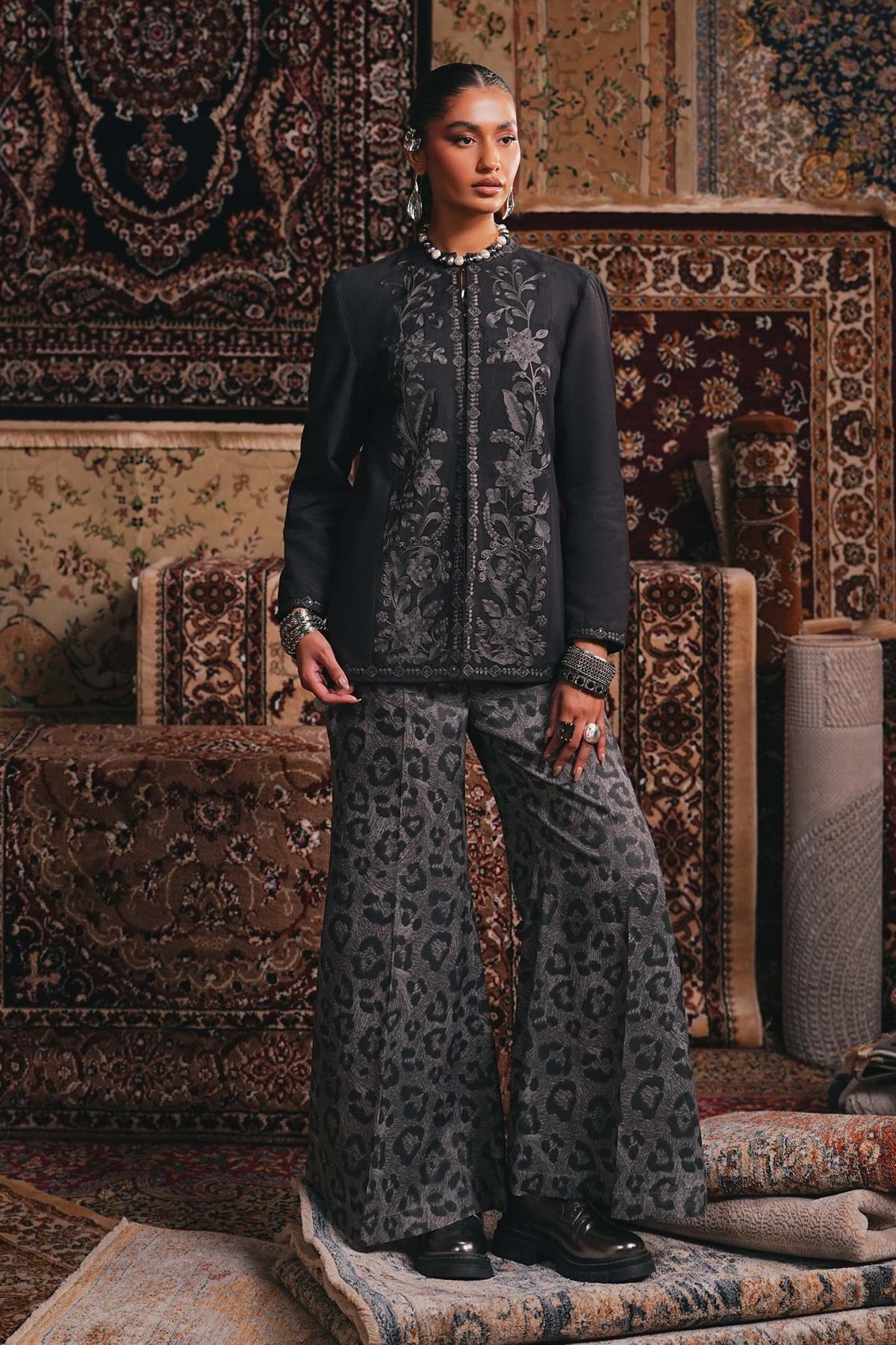 Maria B | RTW | Embroidered Pk Raw Silk Jacket Set-Brand:Maria B-Type:Luxury Pret-Grey - House of Maryam- Buy in UK, USA