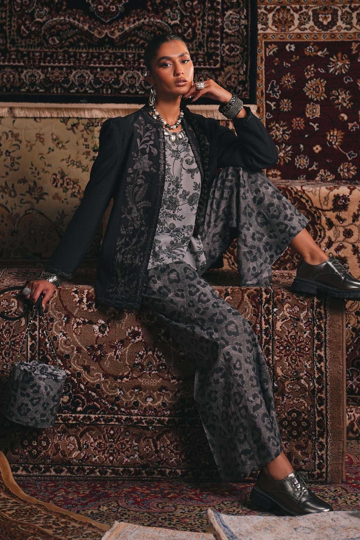 Maria B | RTW | Embroidered Pk Raw Silk Jacket Set-Brand:Maria B-Type:Luxury Pret-Grey - House of Maryam- Buy in UK, USA