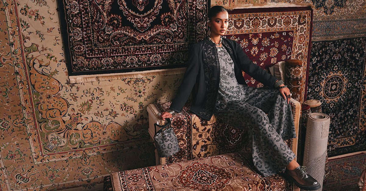 Maria B | RTW | Embroidered Pk Raw Silk Jacket Set-Brand:Maria B-Type:Luxury Pret-Grey - House of Maryam- Buy in UK, USA