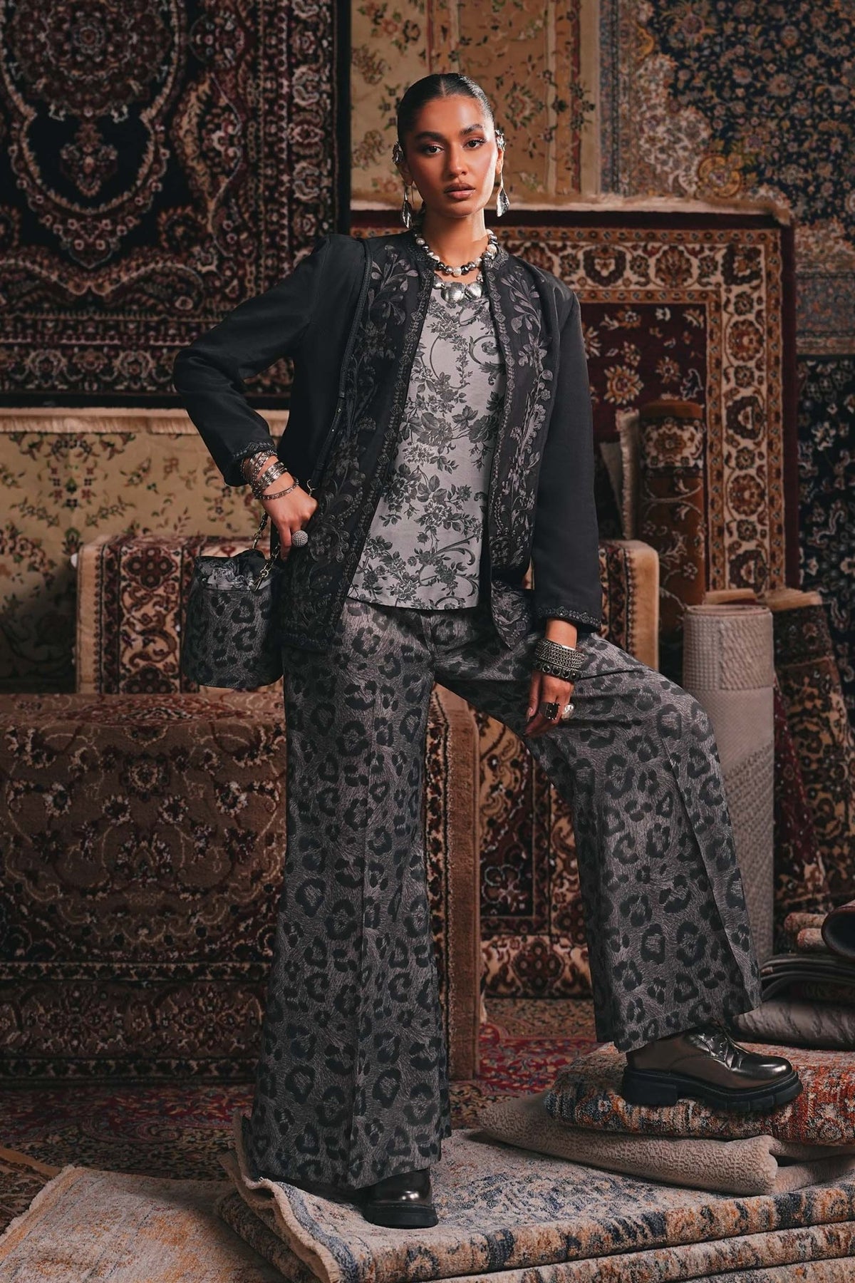 Maria B | RTW | Embroidered Pk Raw Silk Jacket Set-Brand:Maria B-Type:Luxury Pret-Grey - House of Maryam- Buy in UK, USA