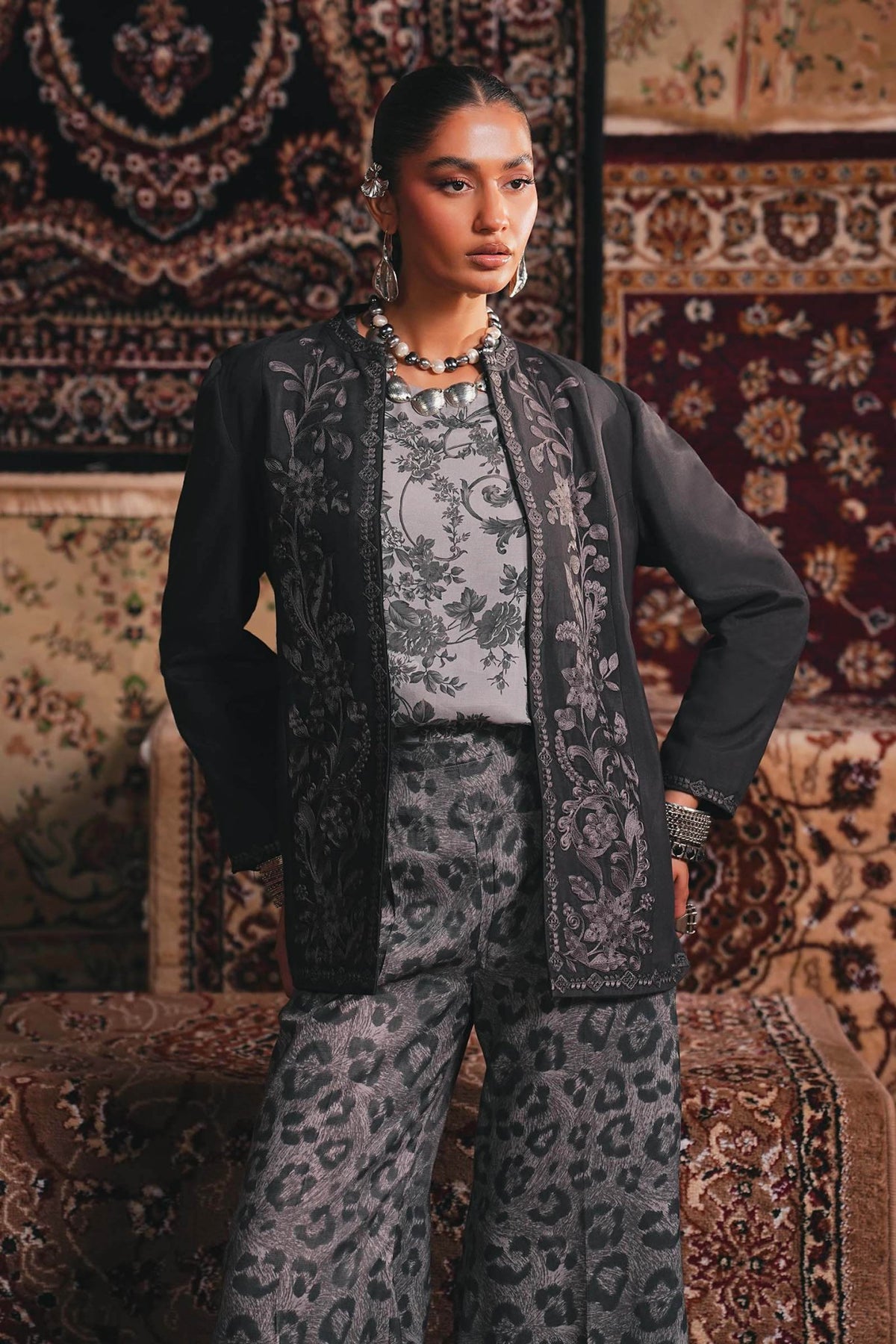 Maria B | RTW | Embroidered Pk Raw Silk Jacket Set-Brand:Maria B-Type:Luxury Pret-Grey - House of Maryam- Buy in UK, USA