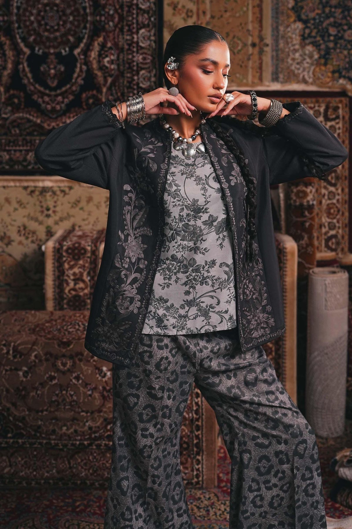 Maria B | RTW | Embroidered Pk Raw Silk Jacket Set-Brand:Maria B-Type:Luxury Pret-Grey - House of Maryam- Buy in UK, USA