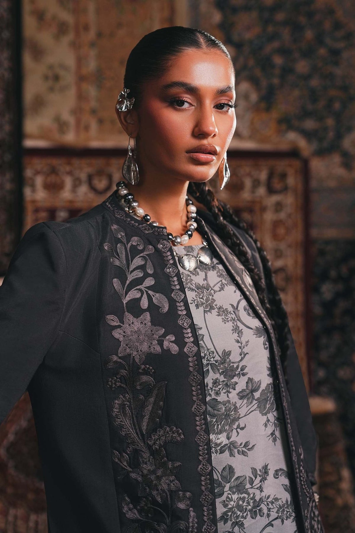 Maria B | RTW | Embroidered Pk Raw Silk Jacket Set-Brand:Maria B-Type:Luxury Pret-Grey - House of Maryam- Buy in UK, USA