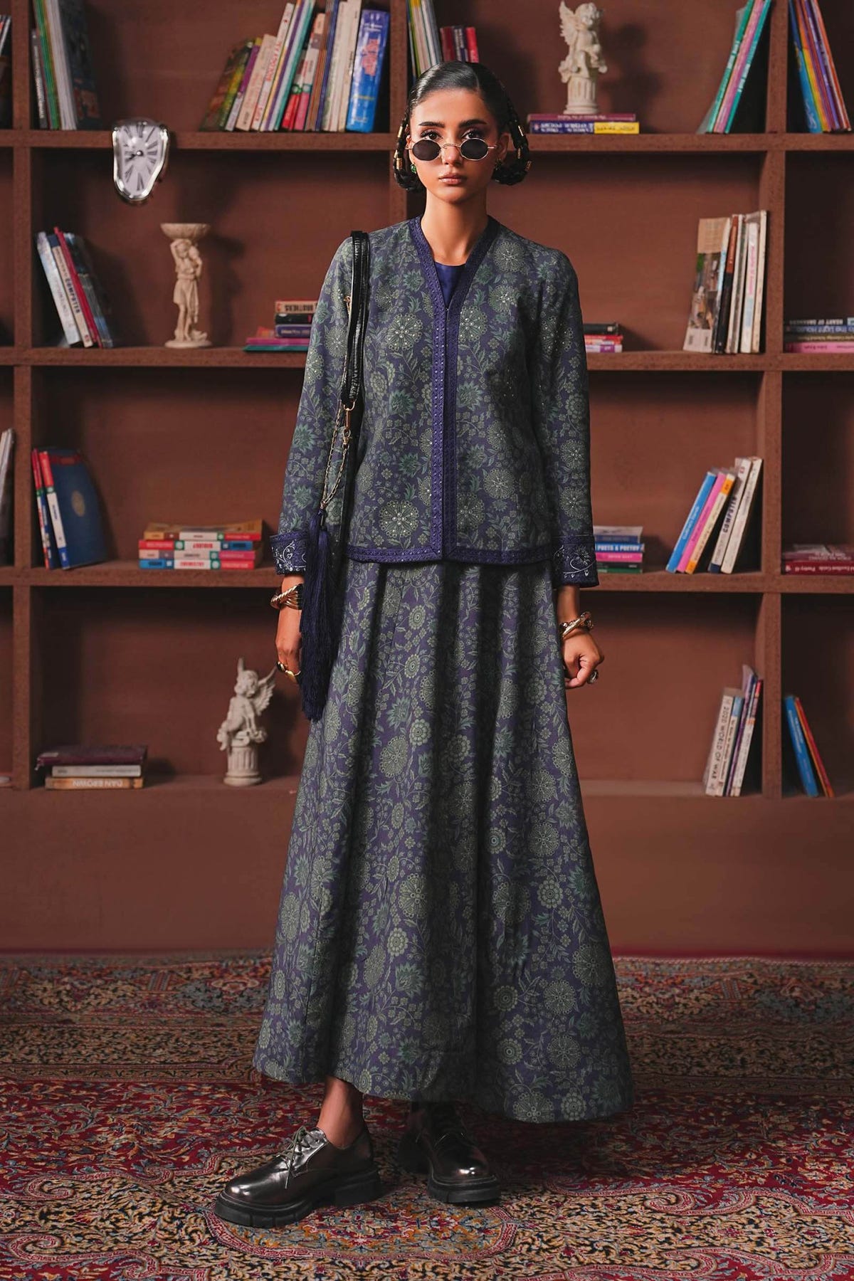 Maria B | RTW | Embroidered Pk Raw Silk Skirt Set-Brand:Maria B-Type:Luxury Pret-Blue - House of Maryam- Buy in UK, USA