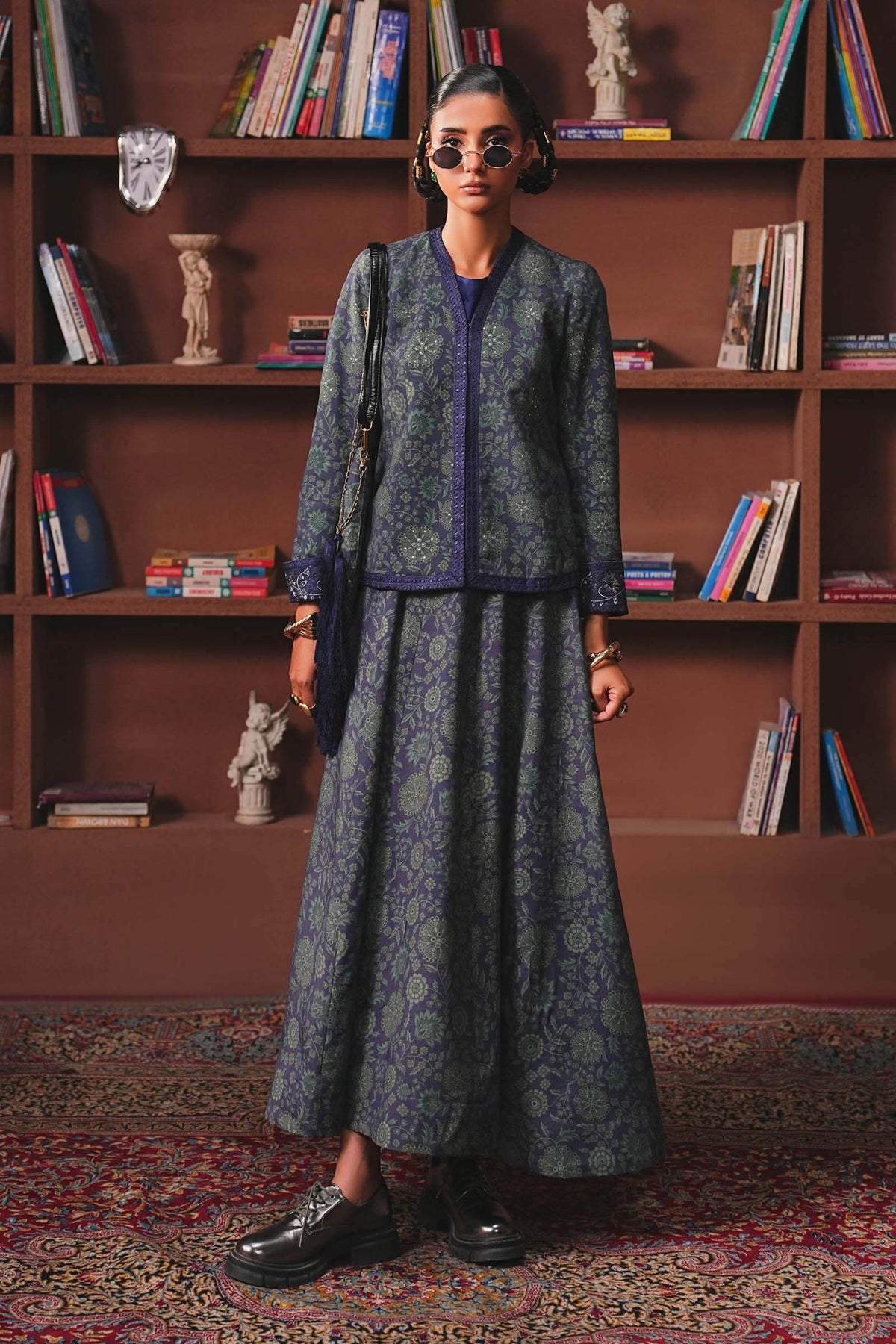 Maria B | RTW | Embroidered Pk Raw Silk Skirt Set-Brand:Maria B-Type:Luxury Pret-Blue - House of Maryam- Buy in UK, USA